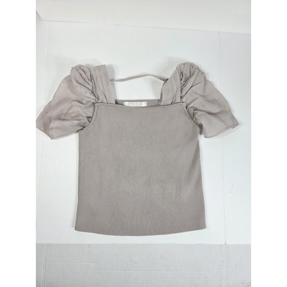 LILLIAN CARAT sheer puff sleeve ribbed knit top in a dusty mauve/pink hue Sz 2